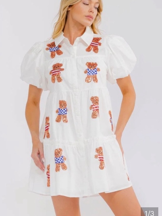 Dresses & Skirts - White Puff-Sleeve Tiered Midi Dress with Embroidered Teddy Motifs P2P 20 M